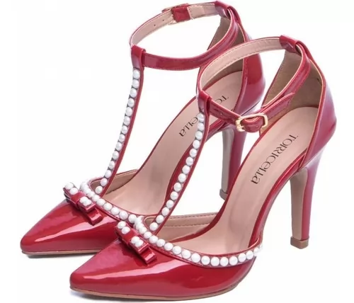Sapato Scarpin Feminino Verniz Vermelho Com Pérolas